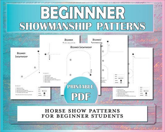 Beginner showmanship patterns for horseback riding students learning leading and preparing for horse shows.