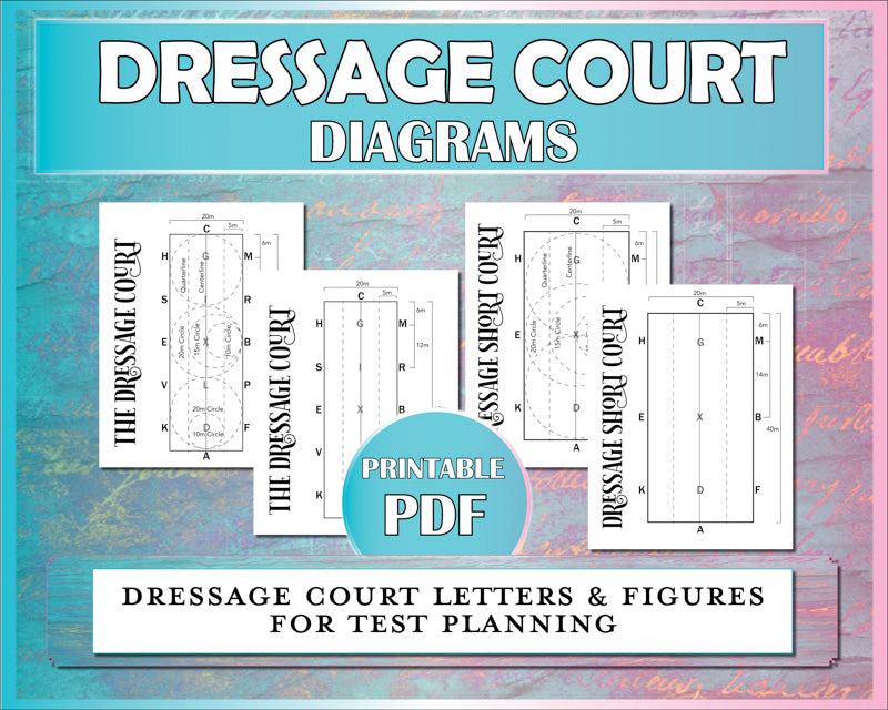 Dressage court diagrams for dressage test planning for horse shows, dressage freestyles, and memorizing dressage court letters and figures!