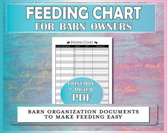 Horse feeding chart to keep hay, grain, and supplement instructions organized.