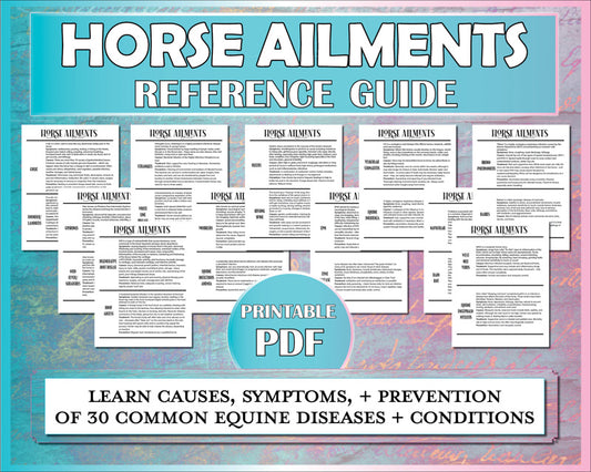 Reference guide for horse diseases, ailments, and conditions showing the causes, symptoms, treatment, and prevention of 30 equine ailments.
