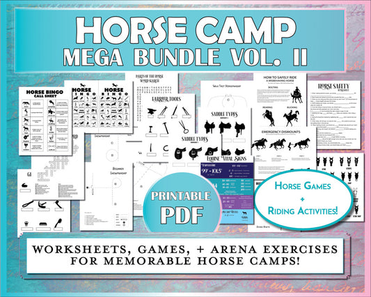 Horse camp activities to print at home including horse games, worksheets, diagrams, and riding lesson patterns!