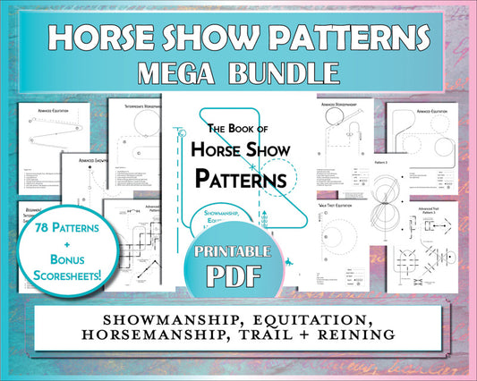 Horse show pattern bundle for showmanship, equitation, horsemanship, trail, and reining, plus pattern judging scoresheets.