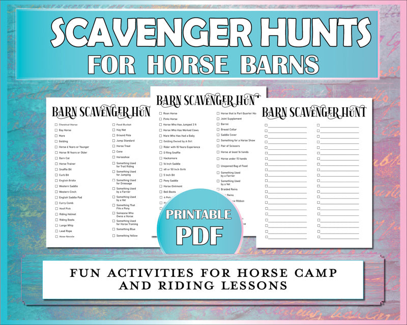 Barn scavenger hunt for horse camp, horse kids, and horseback riding lesson students.