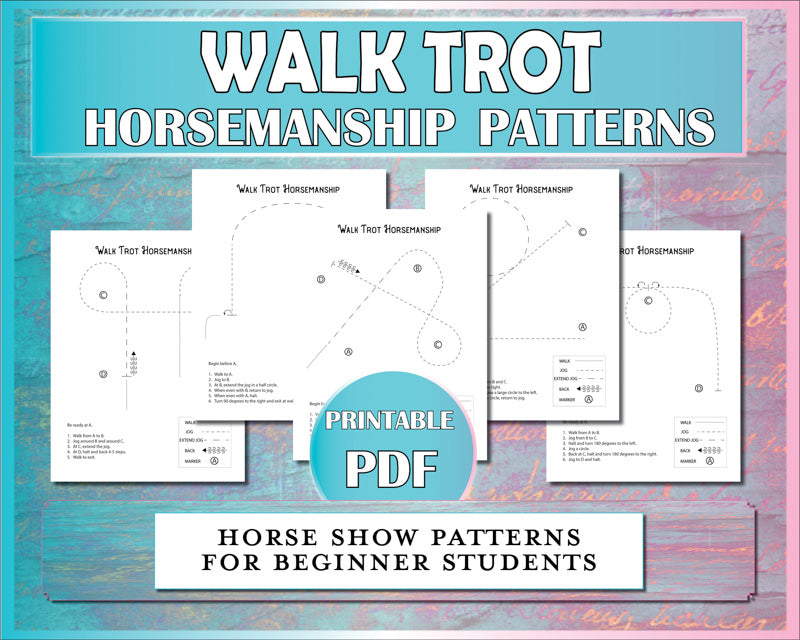 Walk trot horsemanship patterns for beginner horseback riders to practice riding skills for horse shows.