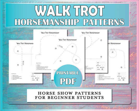 Walk trot horsemanship patterns for beginner horseback riders to practice riding skills for horse shows.